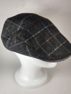 STETSON Men's Flat Cap Hat Small Medium Gray Plaid Wool Blend Driving Newsboy